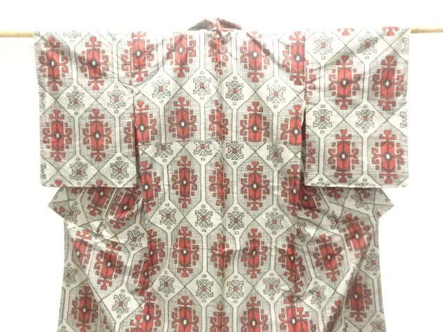  アンティーク　抽象花模様織り出し銘仙着物